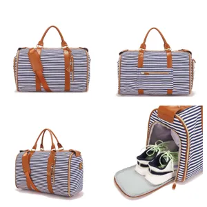 Collage detallado de una bolsa de lona a rayas con compartimento separado para zapatos