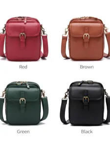 Bolsos bandolera unisex en cuero rojo, marrón, verde y negro con textura granulada.