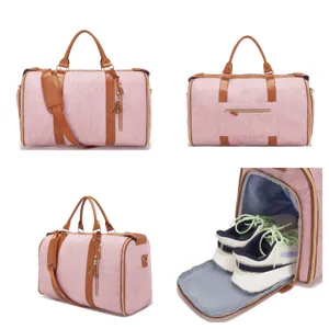 Collage de bolsa de viaje de lona rosa con detalle del compartimento para zapatos
