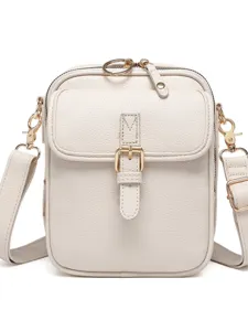 Bolso bandolera unisex de cuero granulado blanco con elegantes detalles dorados