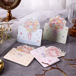 Gedetailleerd overzicht van handgetekende bloemenboeket wenskaarten in diverse pastelkleuren