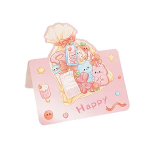 Cute 3D pink greeting card with cartoon candy bag and bear illustrations for kids