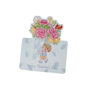 Handgezeichnete Grußkarte zum Lehrertag mit buntem Blumenstrauß und süßem Cartoon-Jungen