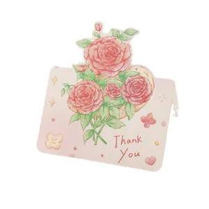 Elegante biglietto di ringraziamento pop-up 3D con un mazzo di rose rosa acquerello