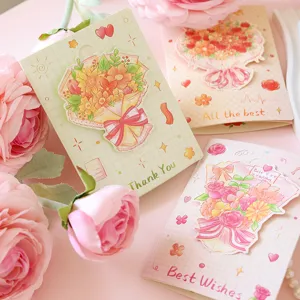 Detail van handgetekende 3D-boeket wenskaarten met 'Thank You' en 'Best Wishes' tekst