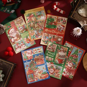 Detailed view of festive Christmas cards featuring Santa and reindeer illustrations