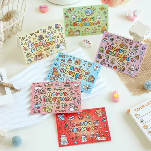 Detailed view of colorful cartoon birthday cards with cute animal illustrations.