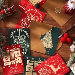 Vintage Weihnachts Grußkarten Set Mit Kraftumschlag Goldgeprägt Rot Grün Rentier Schneemann Weihnachtsmann Feiertags Geschenkkarten