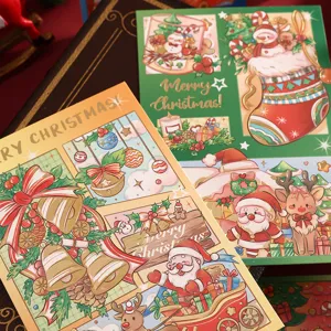 Detail of Christmas greeting cards with gold foil accents and festive cartoon illustrations