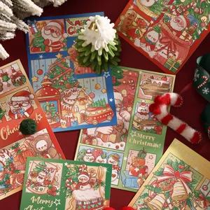 Detailed view of festive Christmas greeting cards with cute cartoon illustrations.