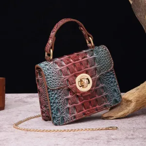 Detailed shot of the vintage red and blue gradient crocodile texture leather bag with gold lock