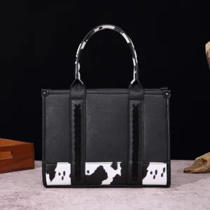 Bolso tote retro de cuero PU negro con modernos detalles de estampado de vaca y trenzados