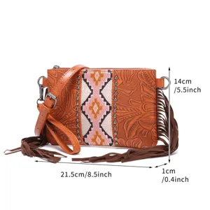 Dimensiones detalladas del bolso bohemio con flecos en centímetros y en pulgadas