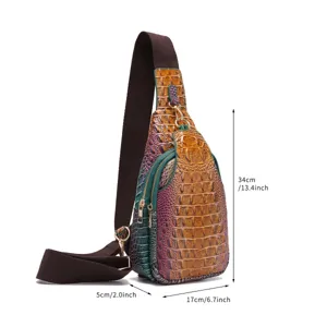 Bolso de pecho vintage con patrón de cocodrilo para mujer con dimensiones detalladas