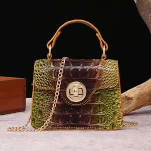 Close-up of vintage alligator pattern handbag with gold chain strap