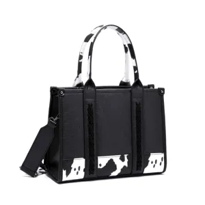 Bolso vintage de cuero sintético negro con estampado de vaca y detalles de correas trenzadas