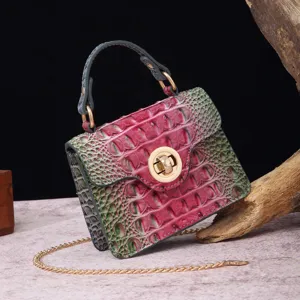 Detailed view of vintage gradient crocodile embossed handbag with gold twist lock