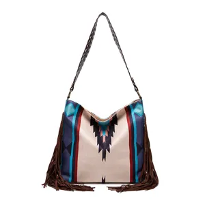 Vintage bohemian cotton linen shoulder bag with tribal prints and stylish side fringes