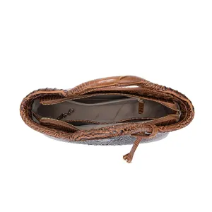 Vista superior de bolso marrón con grabado de cocodrilo y bolsillos interiores con cremallera