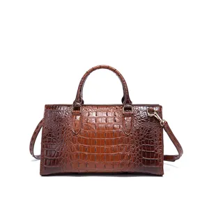 Elegante bolso de mano marrón con relieve de cocodrilo y correa ajustable para mujer
