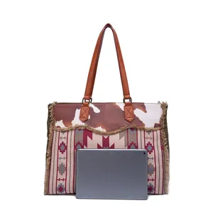 Vintage Bohemian canvas tote bag shown with a tablet to illustrate its large capacity