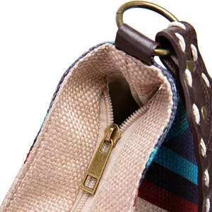 Close-up detail of vintage metal zipper and woven texture on a cotton linen shoulder bag.