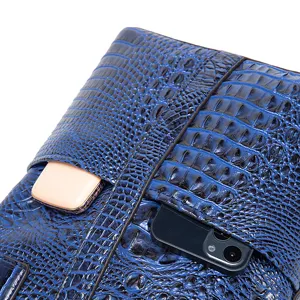 Primer plano de bolso azul con textura de cocodrilo mostrando capacidad de bolsillos