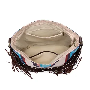 Interior view of bohemian woven cotton linen bag with beige lining and zipper pocket