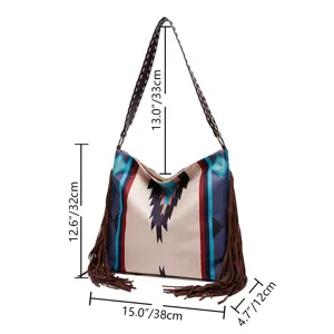 Bohemian woven tassel shoulder bag with detailed size dimensions in cm and inch