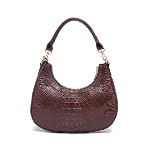 Borsa a mano hobo vintage marrone con stampa coccodrillo e dettagli dorati eleganti
