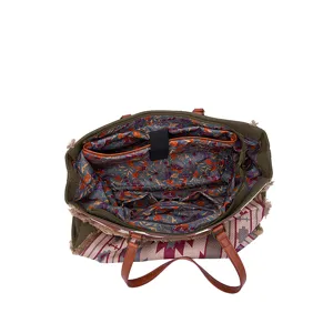 Detailed interior view of Bohemian canvas tote bag with floral lining and pockets