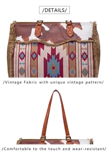 Detail view of retro Bohemian canvas tote with vintage patterns and fringe
