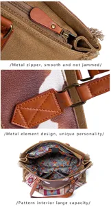 Bohemian canvas bag details showing metal zipper and patterned large capacity interior space
