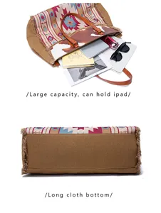 Detailed view of large capacity Bohemian tote bag showing bottom and storage