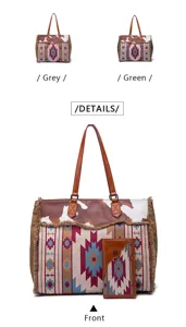Front view of bohemian canvas tote bag set with Aztec pattern and cow print detail