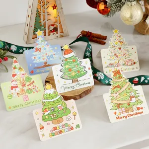 Set of various cartoon Christmas greeting cards featuring festive tree and snowman illustrations