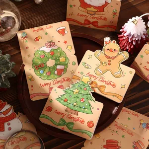 Detailed view of retro cartoon Christmas cards with festive motifs and Merry Christmas text