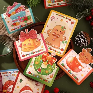 Close-up of vibrant cartoon Christmas greeting cards featuring various festive holiday patterns