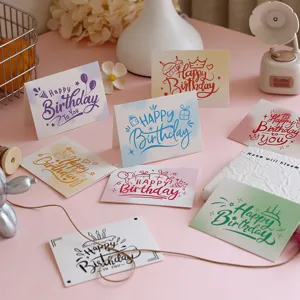 Assorted colorful Happy Birthday cards with artistic hand-drawn calligraphy and illustrations