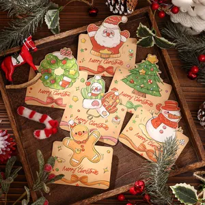 Detailed view of vintage cartoon Christmas greeting cards in a wooden tray.