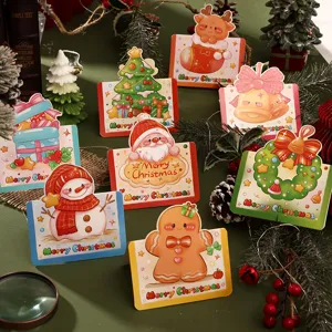 Detailed view of various colorful cartoon Christmas greeting cards with festive characters