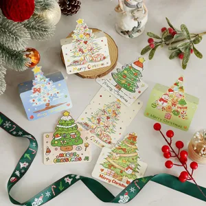 Various colorful Christmas cartoon greeting cards with festive tree illustrations