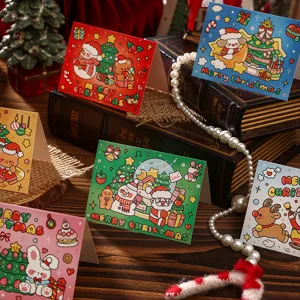 Collectie van feestelijke kerstkaarten met schattige en kleurrijke illustraties