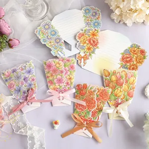 Prachtige set van 3D bloemenboeket wenskaarten met elegante strikken en schrijflijnen