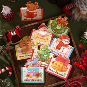 Group of colorful cartoon Christmas cards featuring Santa, Snowman, and Tree illustrations.