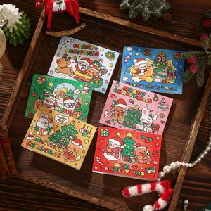 Collectie kleurrijke kerstwenskaarten met schattige kerstman- en rendierillustraties.