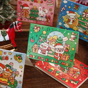 Kleurrijke cartoon kerst vouwkaarten met diverse feestelijke karakter illustraties