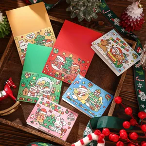 Detailweergave van diverse kerstwenskaarten met feestelijke illustraties