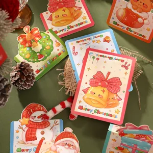 Set of various cartoon Christmas greeting cards featuring bells and snowmen.