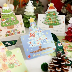 Detailed view of cute cartoon Christmas greeting cards featuring hand-drawn tree motifs